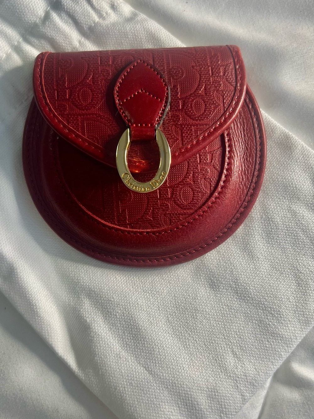 Christian Dior Red Embossed Mini Saddle coin purse with Gold-Tone Hardware